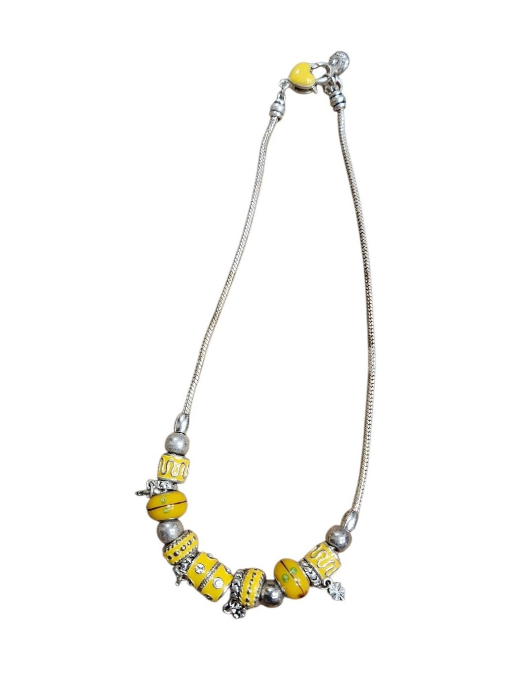 Pandora Yellow Enamel Charm Necklace Four Leaf Clover Beads Silver